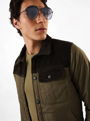 Men's Black & Olive Colourblocked Spread Collar Full Sleeves Puffer Jacket