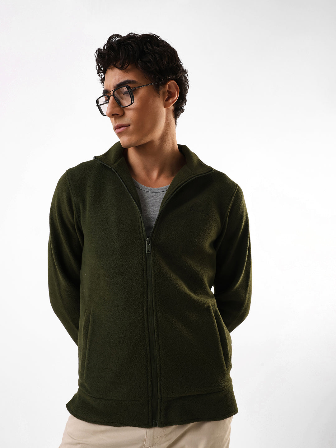 Men's Olive Solid Mock Collar Full Sleeves Open Front Jacket