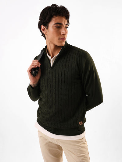 Men's Solid Cable Knit Mock Collar Front-Open Sweater