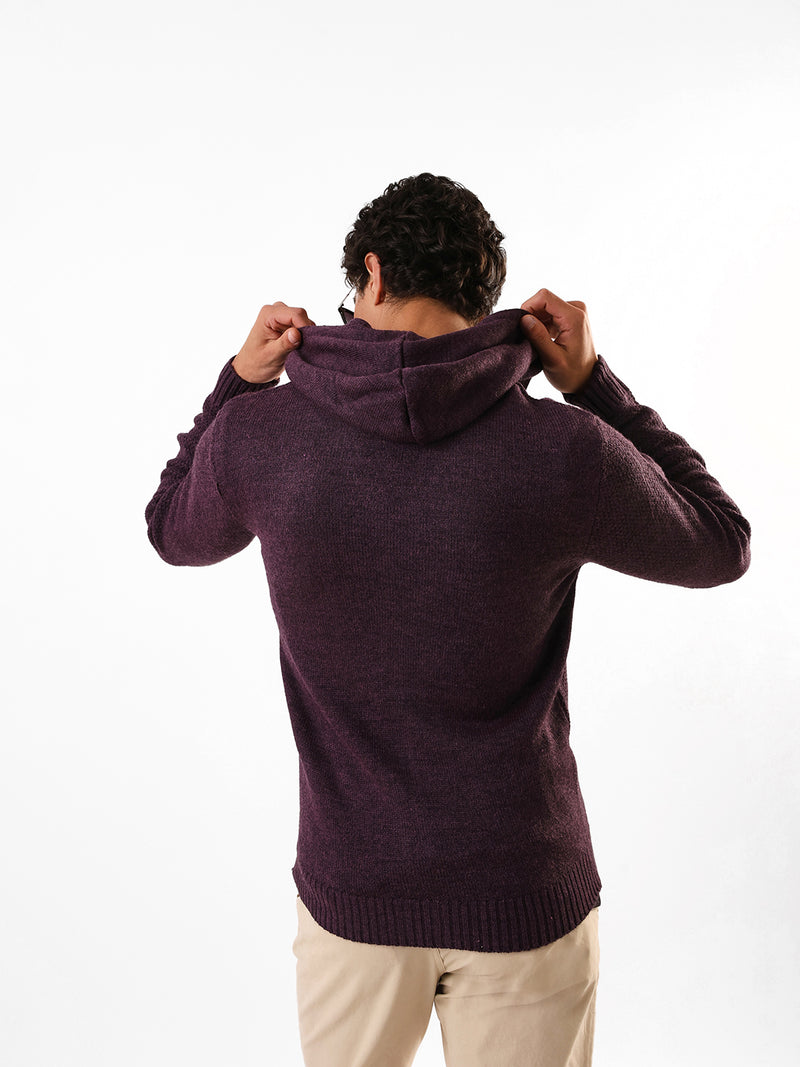 Men's Solid Cable Knit Hooded Front-Open Sweater