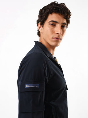 Men's Navy Solid Mock Collar Full Sleeves Lightweight Open-Front Jacket