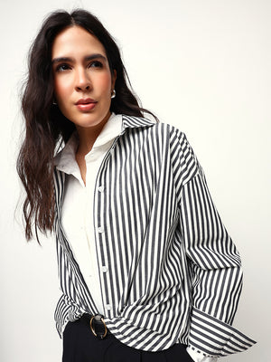 Striped Spread Collar Oversized Cotton Casual Shirt