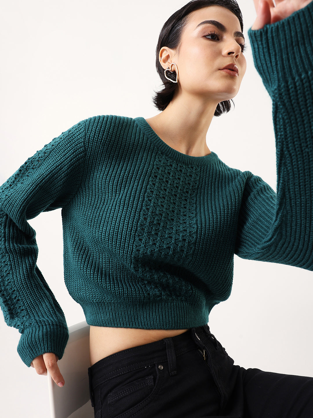 Solid Round Neck Full Sleeves Crochet Sweater