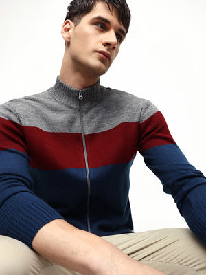 Men's Grey Mock Neck Full Sleeves Slim Fit Front-Open Sweater