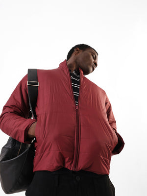 Men's Maroon Solid Mock Collar Full Sleeves Puffer Jacket