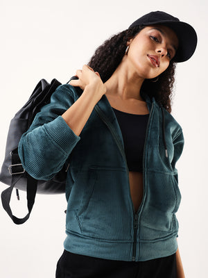 DL Woman Solid Full Sleeves Hooded Velvet Jacket