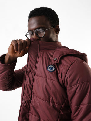 Men's Wine Solid Hooded Full Sleeves Puffer Jacket