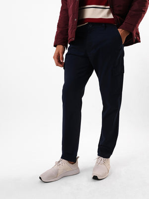 Men's Navy Blue Solid Slim Fit Cargo Trouser