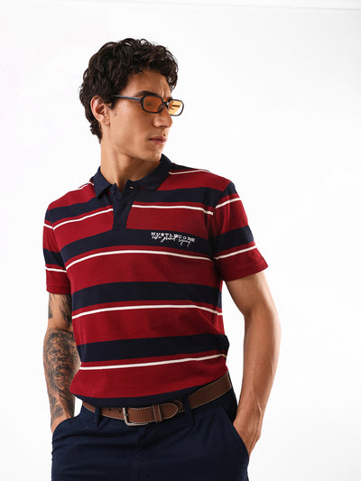 Men's Maroon Striped Polo Collar Relaxed Fit T-shirt