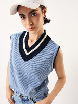 Women Colourblocked Crop Regular Fit V-Neck Sleevless Sweater