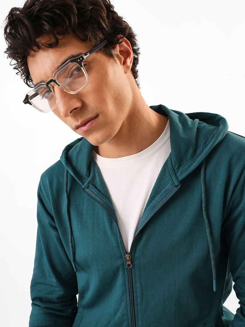 Men's Teal Solid Hooded Front-Open Fleece Sweatshirt