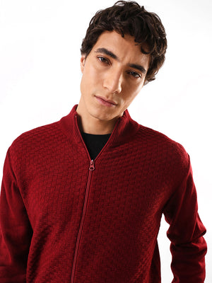Men's Maroon Solid Self Design Mock Collar Front-Open Sweater