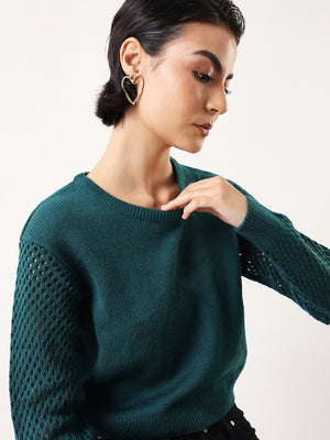 DL Woman Solid Round Neck Pointelle Knit Sweater