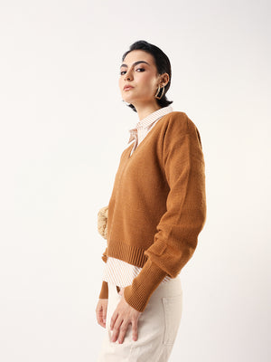 Women Solid Regular Relaxed Fit V-Neck Full Sleeves Sweater