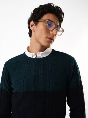 Men's Teal & Black Colourblocked Cable Knit Round Neck Pullover Sweater