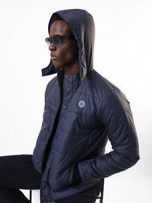 Men's Navy Solid Hooded Full Sleeves Puffer Jacket