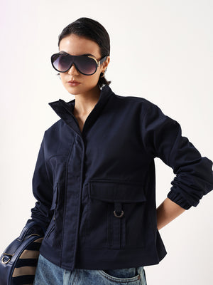 DL Woman Denim Blue Solid Mock Collar Full Sleeves Jacket