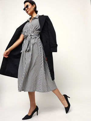 Striped Tie-Up Midi Shirt Dress