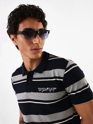 Men's Navy Striped Polo Collar Relaxed Fit T-shirt