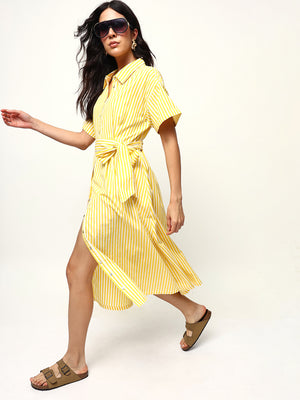 Striped Tie-Up Midi Shirt Dress
