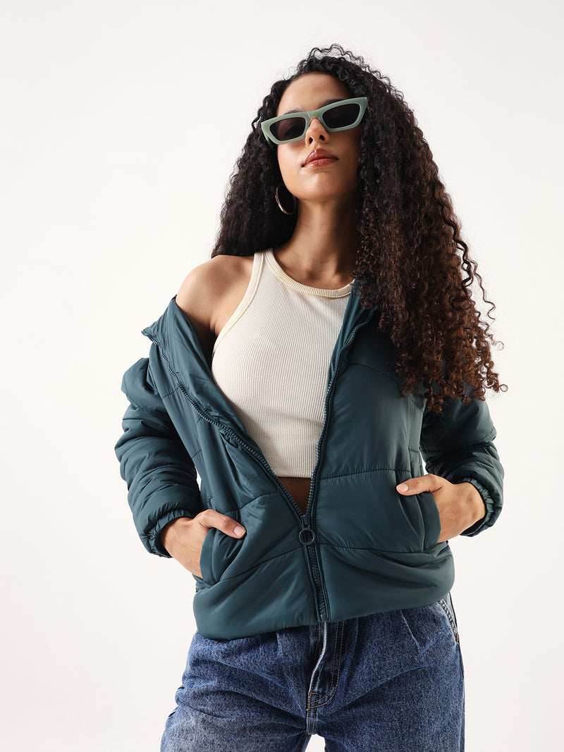 DL Woman Dark Green Hooded Full Sleeves Puffer Jacket