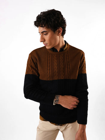 Men's Black & Brown Colourblocked Cable Knit Round Neck Pullover Sweater