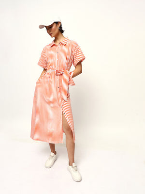 Striped Tie-Up Midi Shirt Dress