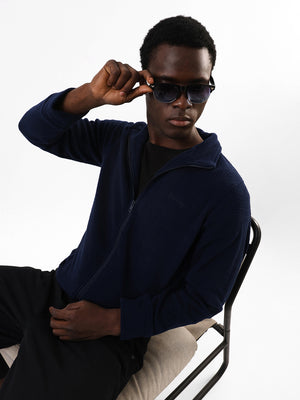 Men's Navy Solid Mock Collar Full Sleeves Open Front Jacket