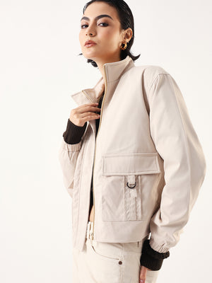 DL Woman Wine Solid Mock Collar Full Sleeves Jacket
