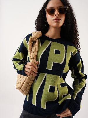 Women Colourblocked Longline Regular Fit Round Neck Full Sleeves Sweater