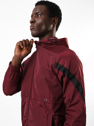Men's Maroon Solid Hooded Full Sleeves Lightweight Open-Front Jacket