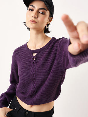 DL Woman Solid Round Neck Full Sleeves Cable Knit Sweater