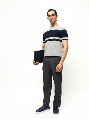 Men's Grey Striped Round Neck Relaxed Fit T-shirt