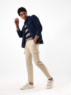 Men's Beige Solid Slim Fit Cargo Trouser