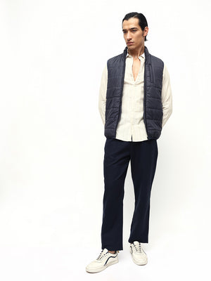 Men's Dark Blue Regular Fit Solid Sleeveless Quilted Jacket