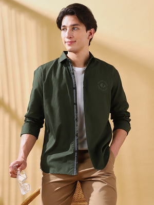 Men Olive Solid Spread Collar Embroidered Shirt