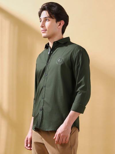 Men Olive Solid Spread Collar Embroidered Shirt