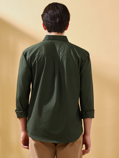 Men Olive Solid Spread Collar Embroidered Shirt