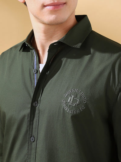 Men Olive Solid Spread Collar Embroidered Shirt