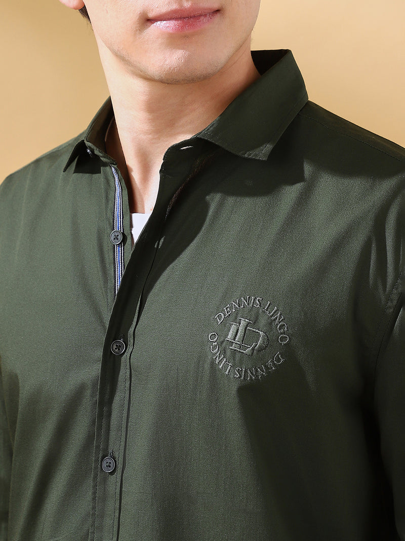 Men Olive Solid Spread Collar Embroidered Shirt