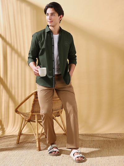 Men Olive Solid Spread Collar Embroidered Shirt