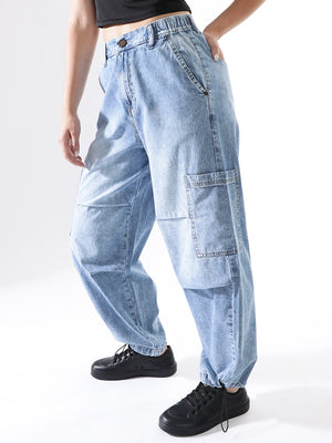 Women Baggy Fit Parachute Cargo High-Rise Light Fade Jeans - Hubberholme x Dennis Lingo