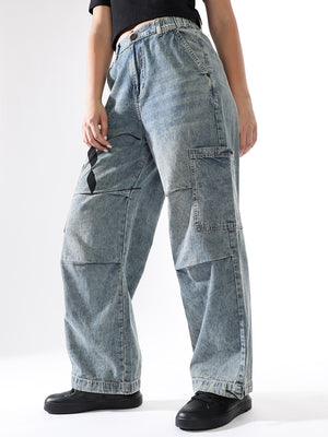 Women Baggy Fit Parachute Cargo High-Rise Light Fade Jeans - Hubberholme x Dennis Lingo