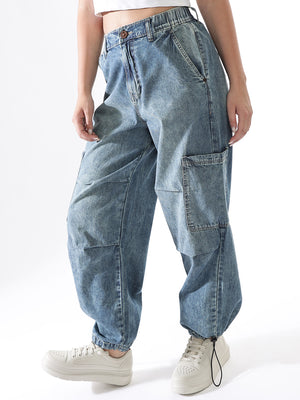 Women Baggy Fit Parachute Cargo High-Rise Light Fade Jeans - Hubberholme x Dennis Lingo