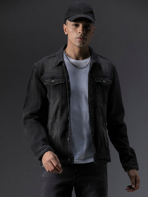 Men's Black Solid Denim Jacket