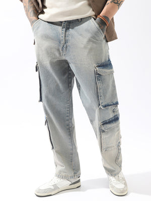 Men Comfort Straight Fit Mid-Rise Heavy Fade Cotton Cargo Styles Jeans - High Star x Dennis Lingo