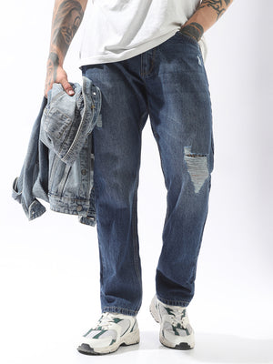Men Relaxed Straight Fit Mid-Rise Light Fade Distress Knee Cotton Jeans - High Star x Dennis Lingo
