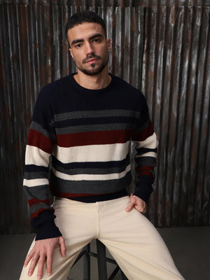 Men's Striped High neck stractured Relaxed fit Pullover