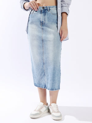 High Rise A-Line Midi Denim Side Back Slit Cotton Skirt - High Star x Dennis Lingo