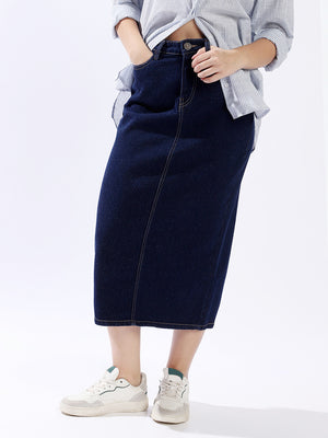 High Rise A-Line Midi Denim Side Back Slit Cotton Skirt - High Star x Dennis Lingo